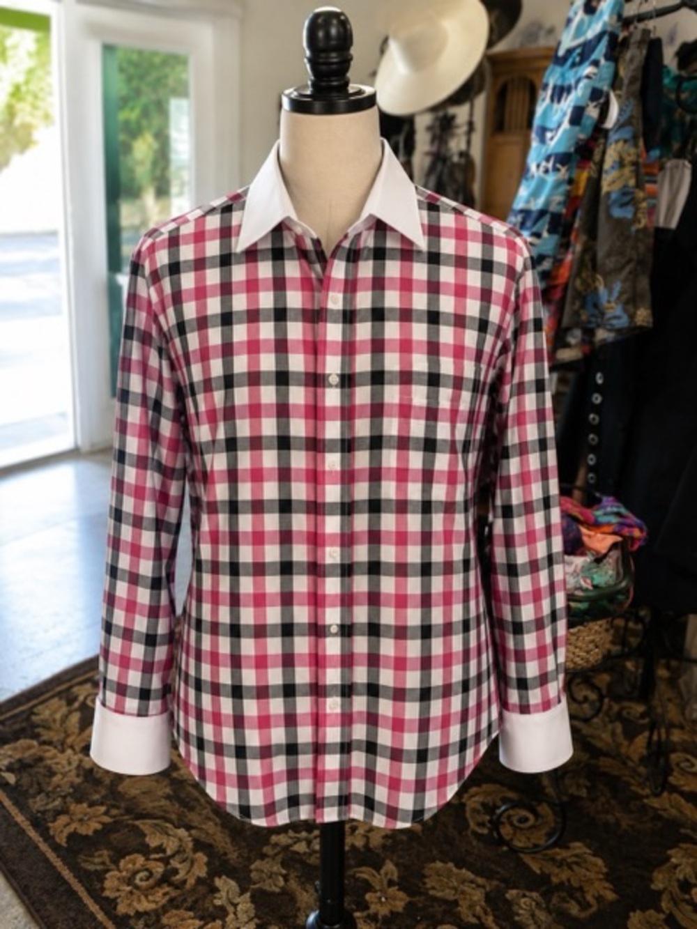 Men's Red and Black Checked Dress Shirt with White Contrast Collar